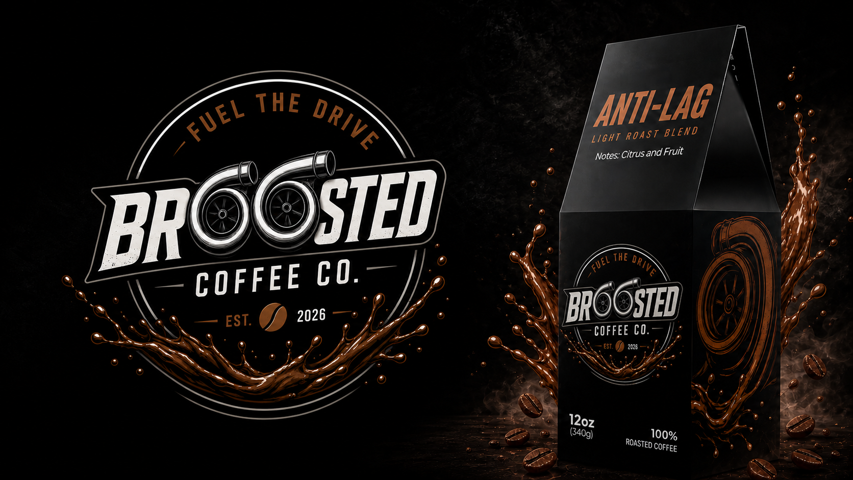 Broosted Coffee Co. packaging with logo and coffee bag on a dark background